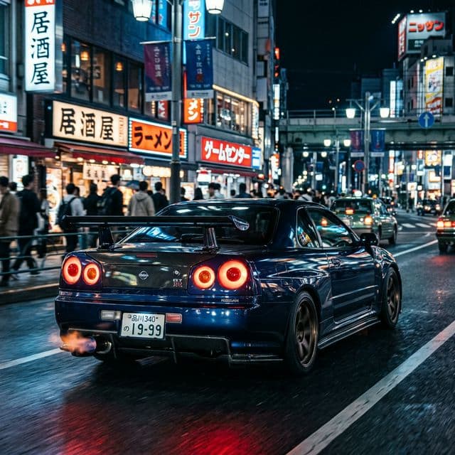 Nissan GT-R R34 rear view at night in Tokyo